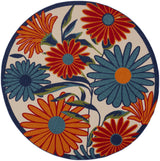 8' Ivory Orange and Blue Round Floral Indoor Outdoor Area Rug