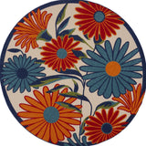 8' Ivory Orange and Blue Round Floral Indoor Outdoor Area Rug