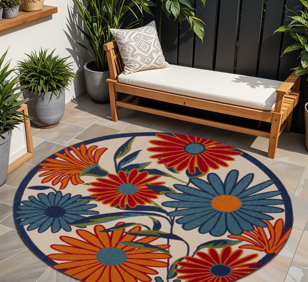 8' Ivory Orange and Blue Round Floral Indoor Outdoor Area Rug