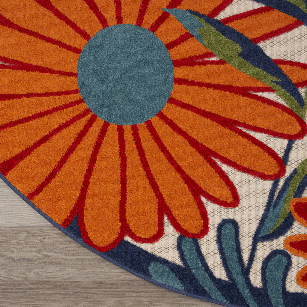 8' Ivory Orange and Blue Round Floral Indoor Outdoor Area Rug