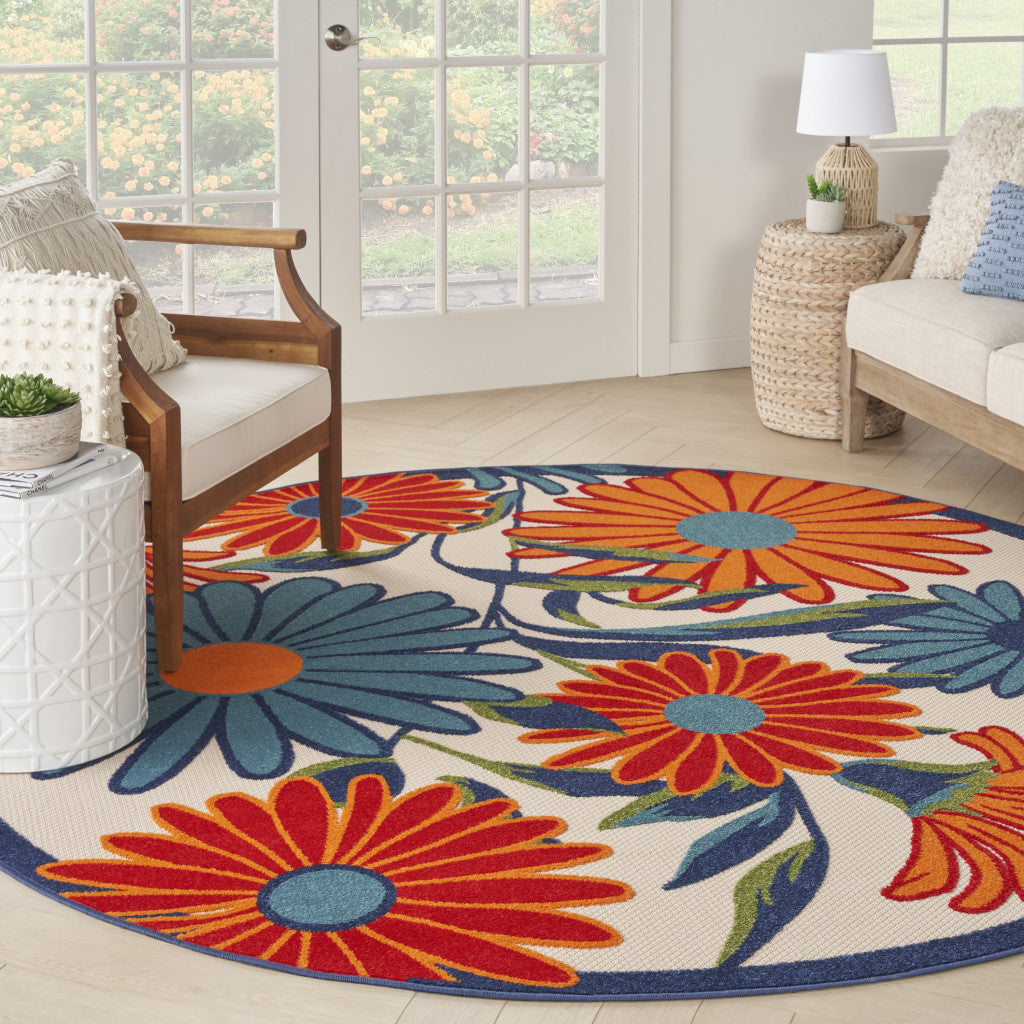 8' Ivory Orange and Blue Round Floral Indoor Outdoor Area Rug