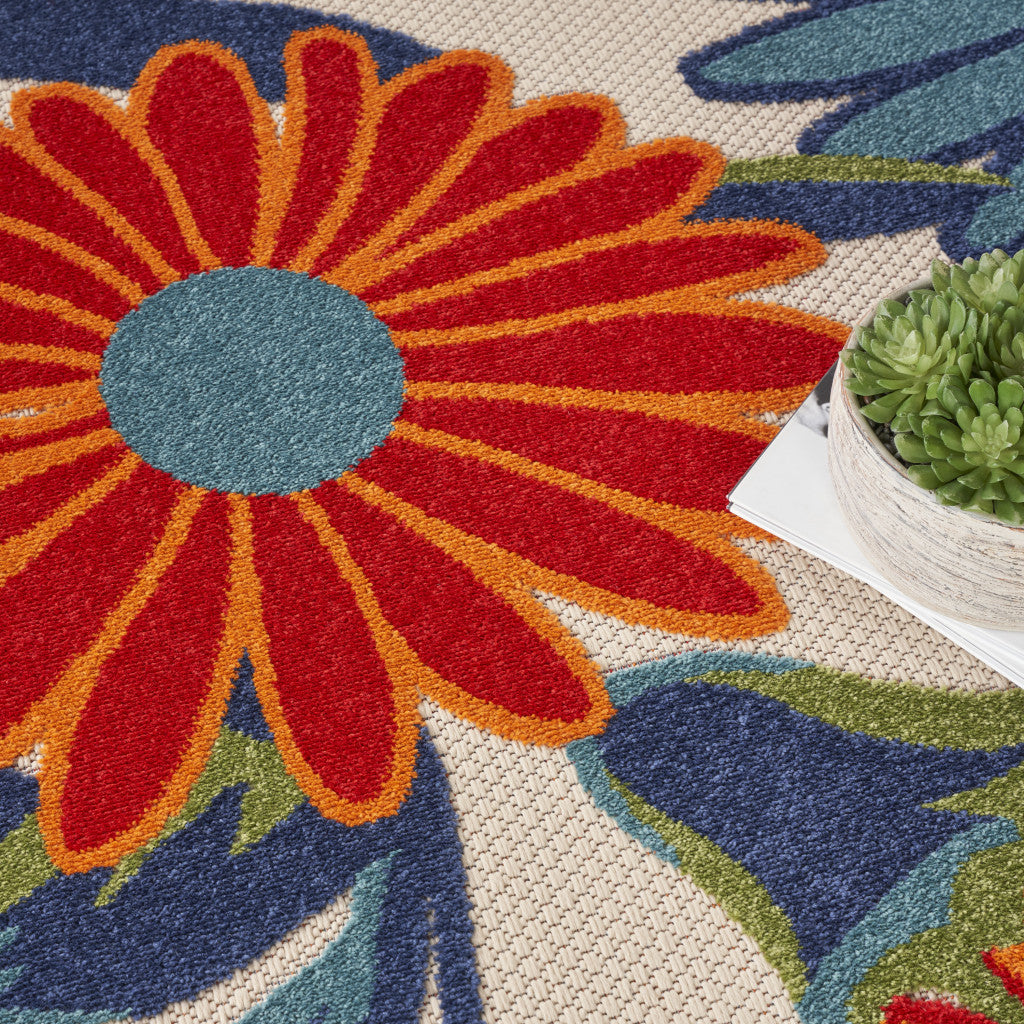 8' Ivory Orange and Blue Round Floral Indoor Outdoor Area Rug