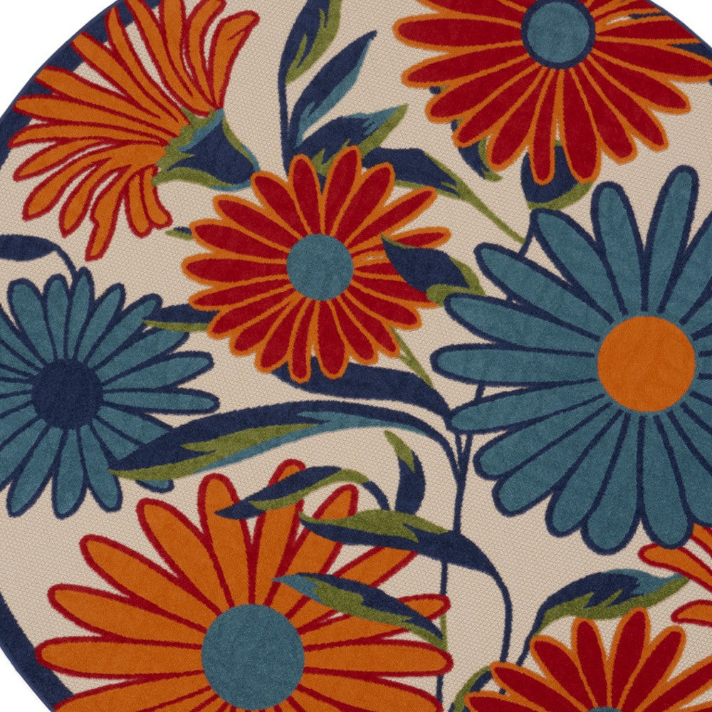 8' Ivory Orange and Blue Round Floral Indoor Outdoor Area Rug