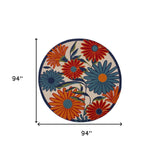 8' Ivory Orange and Blue Round Floral Indoor Outdoor Area Rug