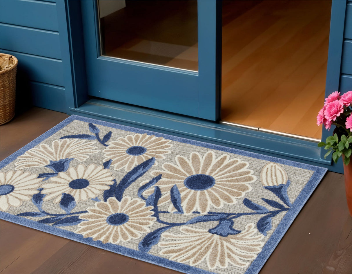 3' X 4' Blue and Gray Floral Indoor Outdoor Area Rug