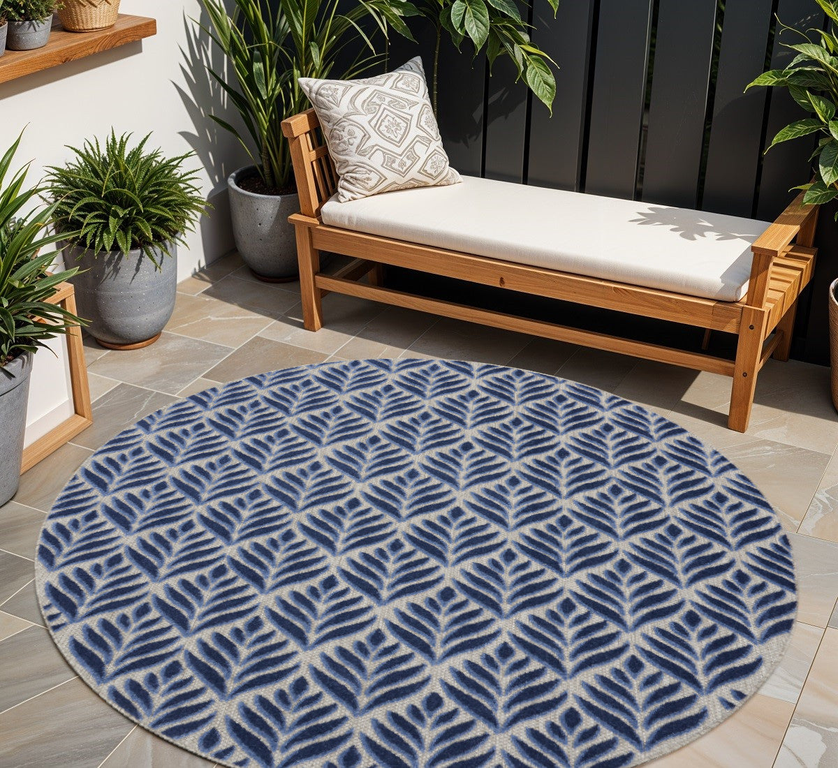 8' Blue Round Floral Indoor Outdoor Area Rug