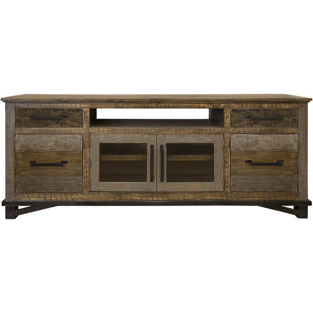 76" Brown Solid Wood Cabinet Enclosed Storage Distressed TV Stand