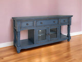 70" Blue Mango Solid Wood Open shelving Distressed TV Stand