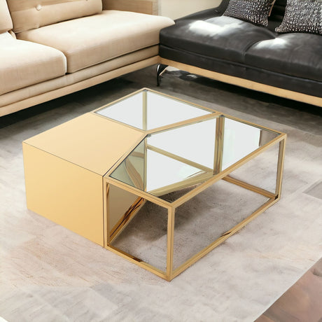 Set of Three 37" Clear And Silver Glass And Stainless Steel Mirrored Bunching Coffee Tables