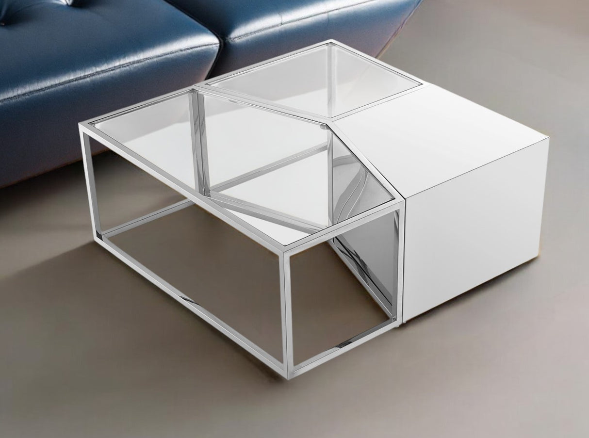 Set of Three 37" Clear And Silver Glass  Stainless Steel Square Mirrored Bunching Coffee Tables