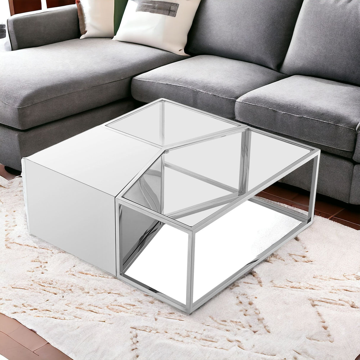 Set of Three 37" Clear And Silver Glass And Stainless Steel Mirrored Bunching Coffee Tables