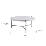 37" White And Silver Wood And Stainless Steel Round Coffee Table