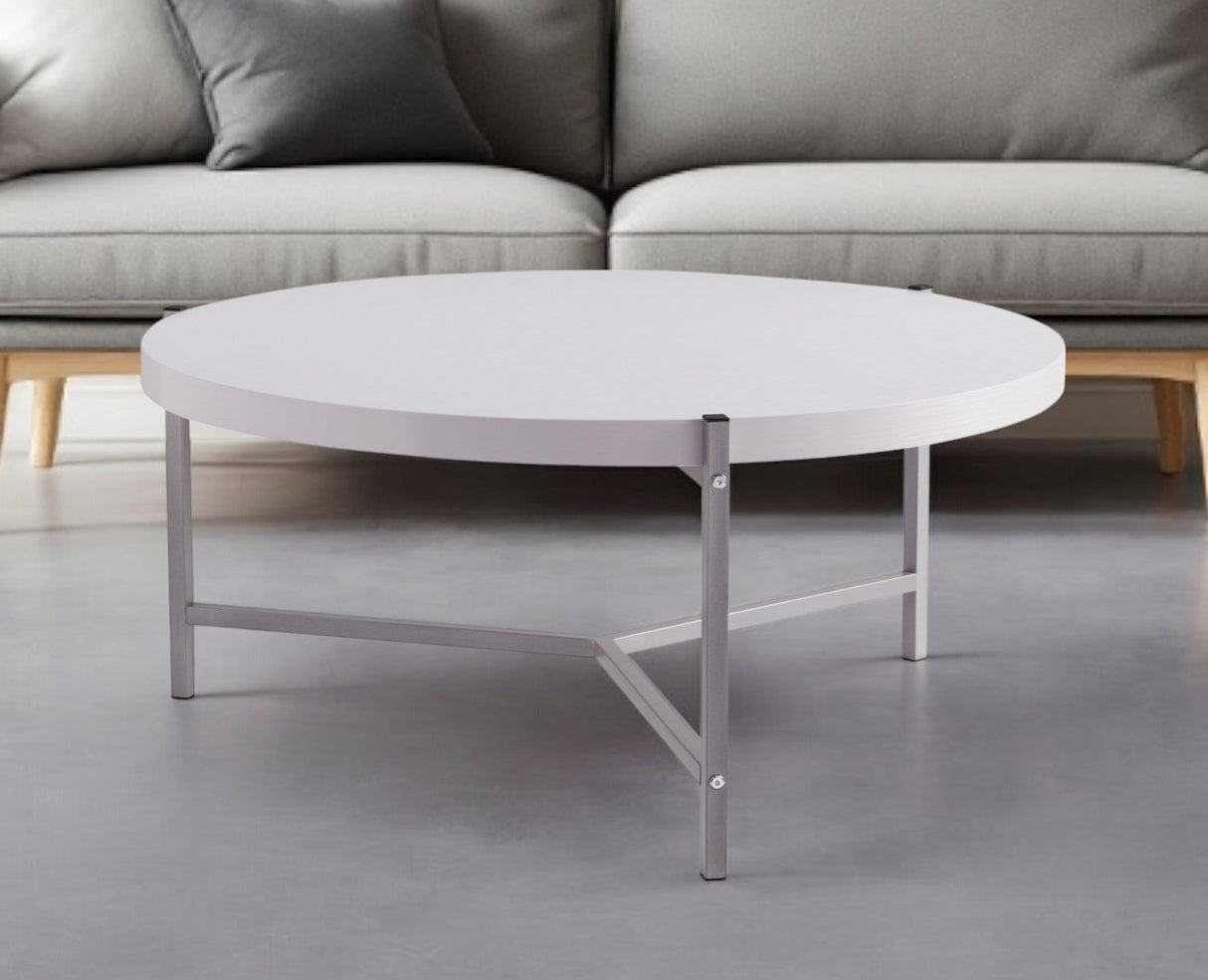 37" White And Silver Wood And Stainless Steel Round Coffee Table