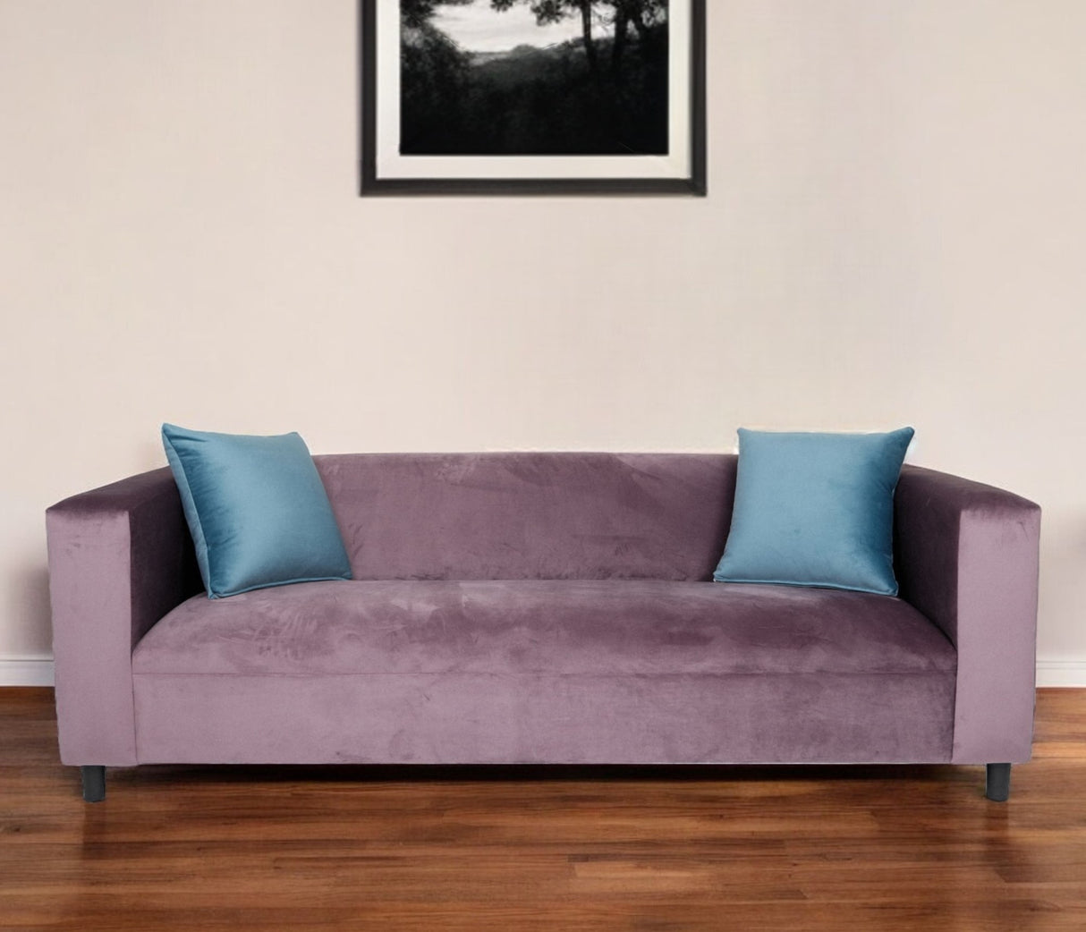 72" Lavender Velvet Sofa And Toss Pillows With Black Legs