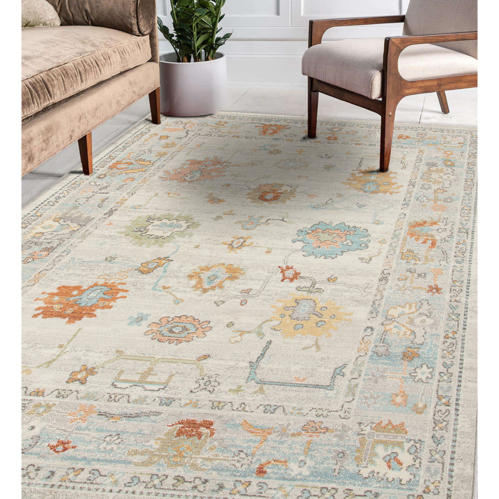 5' X 7' Gray and Orange Floral Stain Resistant Indoor Outdoor Area Rug