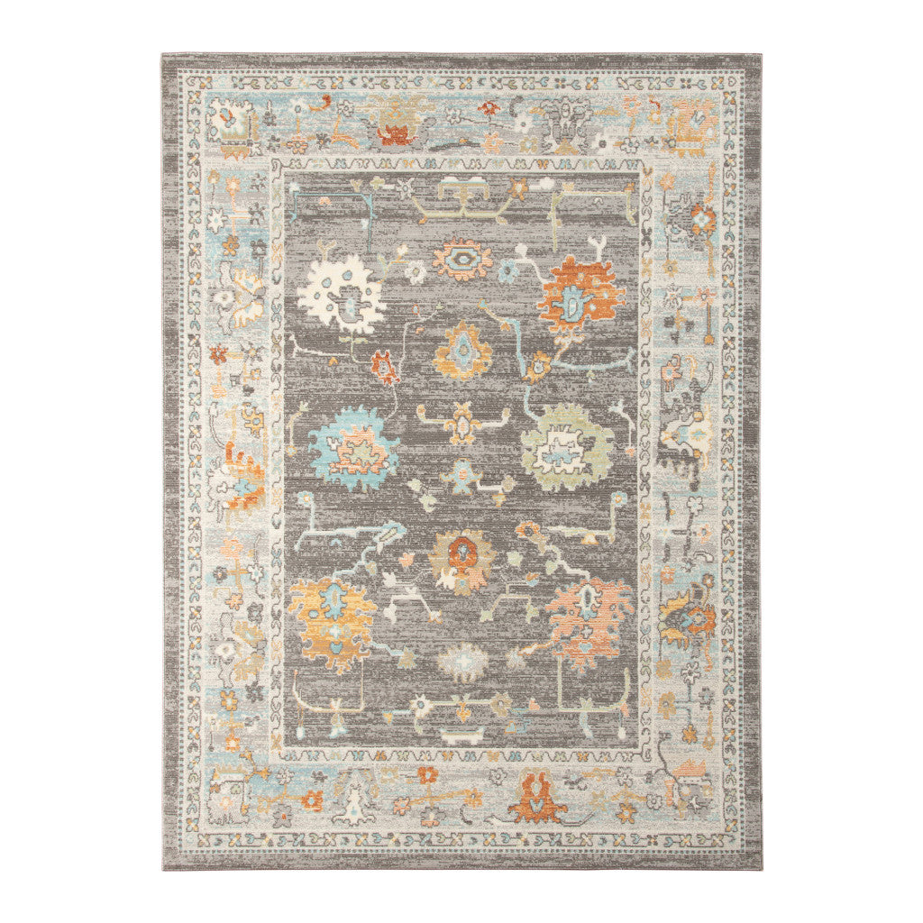 8' X 10' Gray and Orange Floral Stain Resistant Indoor Outdoor Area Rug