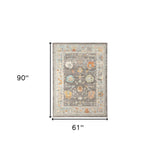 5' X 7' Gray and Orange Floral Stain Resistant Indoor Outdoor Area Rug