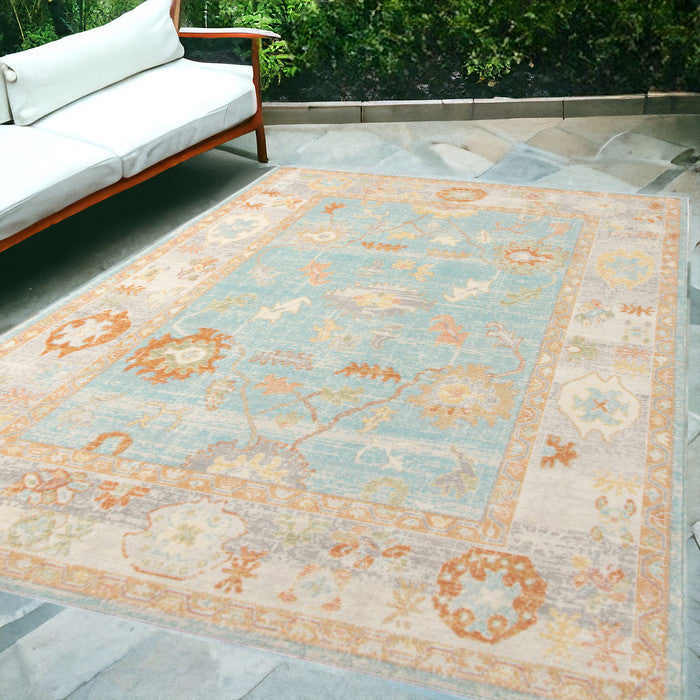 5' X 7' Blue and Orange Floral Stain Resistant Indoor Outdoor Area Rug