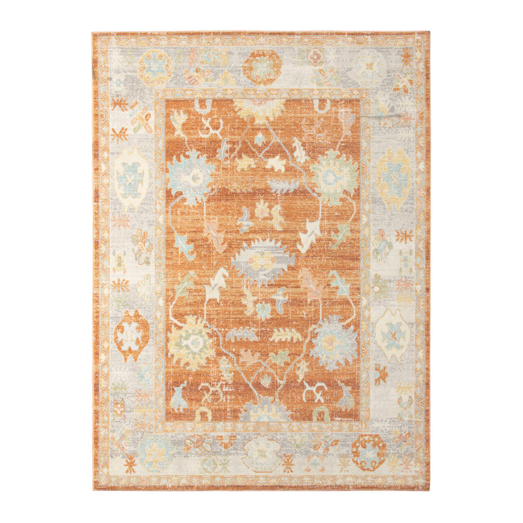 5' X 7' Blue and Orange Floral Stain Resistant Indoor Outdoor Area Rug