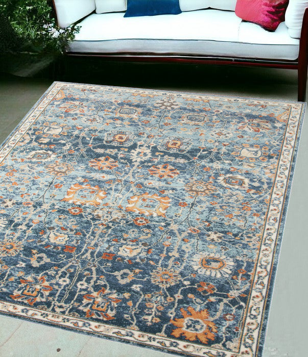 9' X 12' Blue and Orange Floral Stain Resistant Indoor Outdoor Area Rug