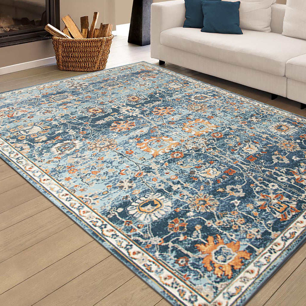 9' X 12' Blue and Orange Floral Stain Resistant Indoor Outdoor Area Rug