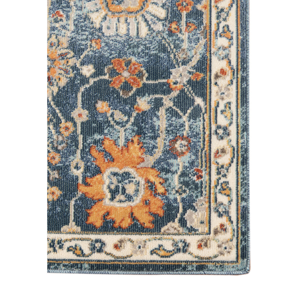 9' X 12' Blue and Orange Floral Stain Resistant Indoor Outdoor Area Rug