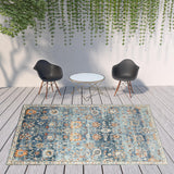 9' X 12' Blue and Orange Floral Stain Resistant Indoor Outdoor Area Rug