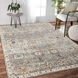 9' X 12' Blue and Orange Floral Stain Resistant Indoor Outdoor Area Rug