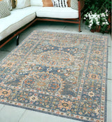 9' X 12' Blue and Orange Floral Medallion Stain Resistant Indoor Outdoor Area Rug