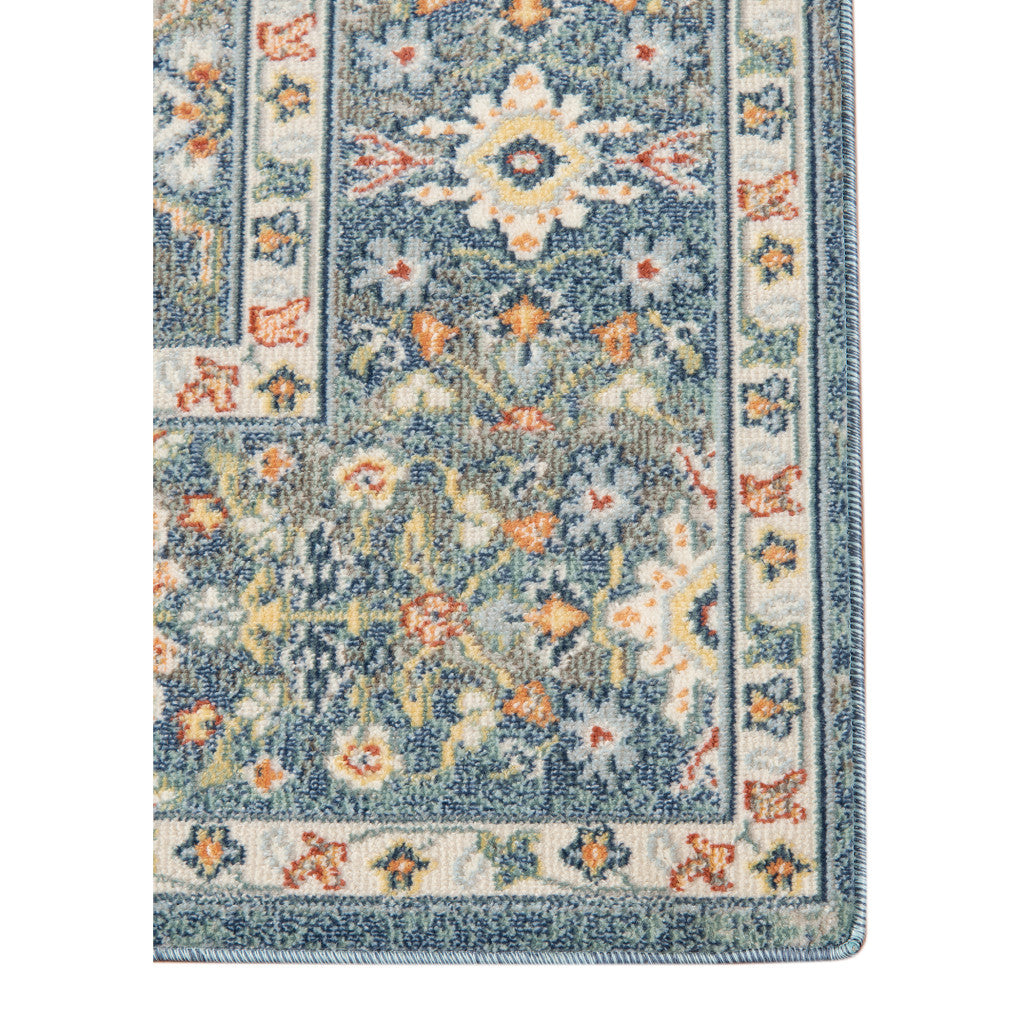 9' X 12' Blue and Orange Floral Medallion Stain Resistant Indoor Outdoor Area Rug