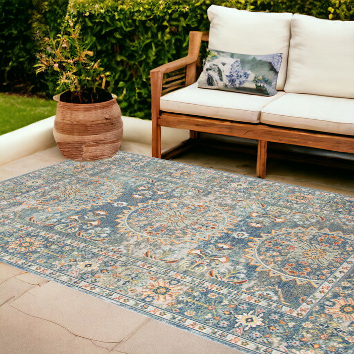 9' X 12' Blue and Orange Floral Medallion Stain Resistant Indoor Outdoor Area Rug