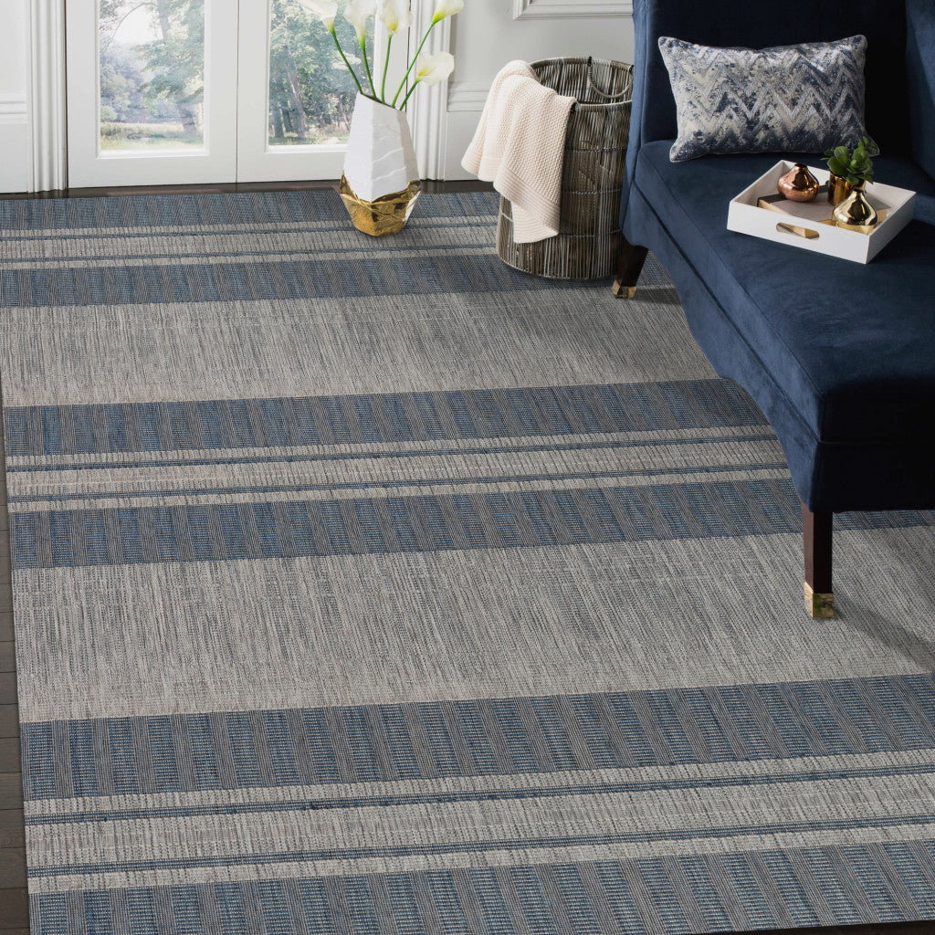 9' X 12' Blue and Gray Striped Stain Resistant Indoor Outdoor Area Rug