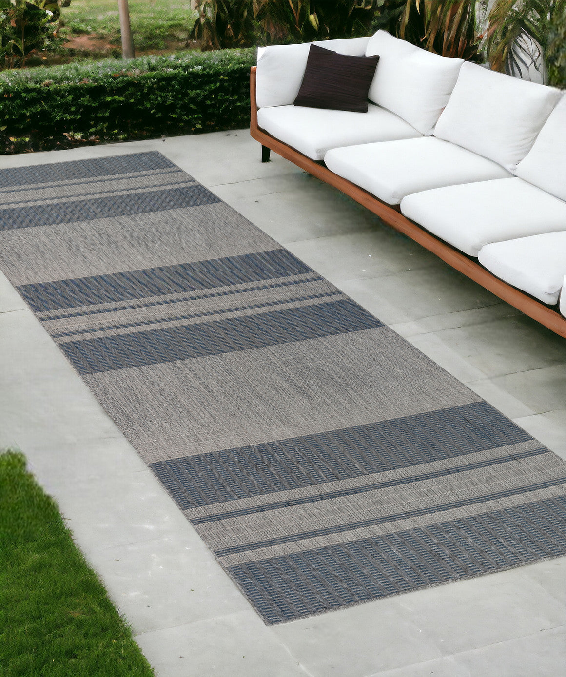 9' X 12' Blue and Gray Striped Stain Resistant Indoor Outdoor Area Rug