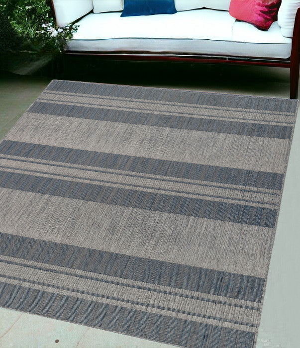 9' X 12' Blue and Gray Striped Stain Resistant Indoor Outdoor Area Rug