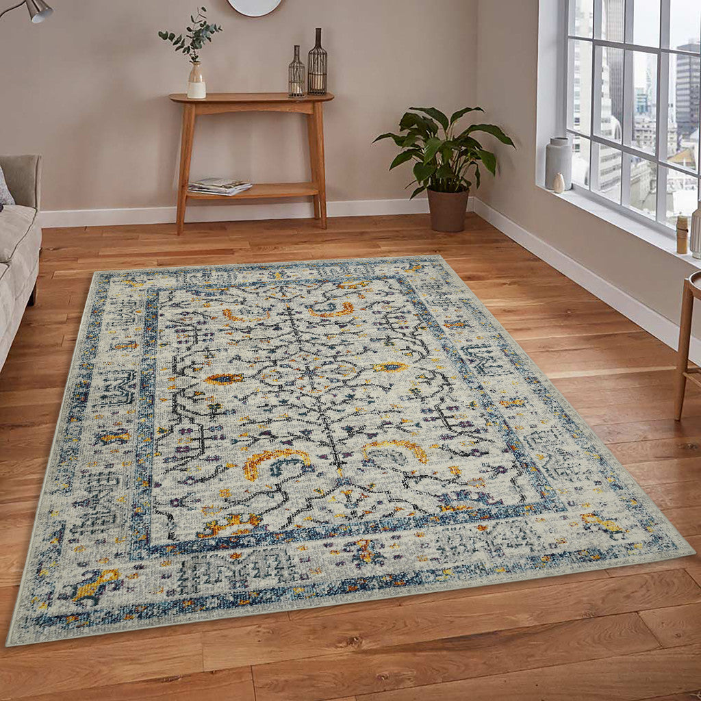 8' Runner Yellow and Ivory Oriental Stain Resistant Indoor Outdoor Runner Rug