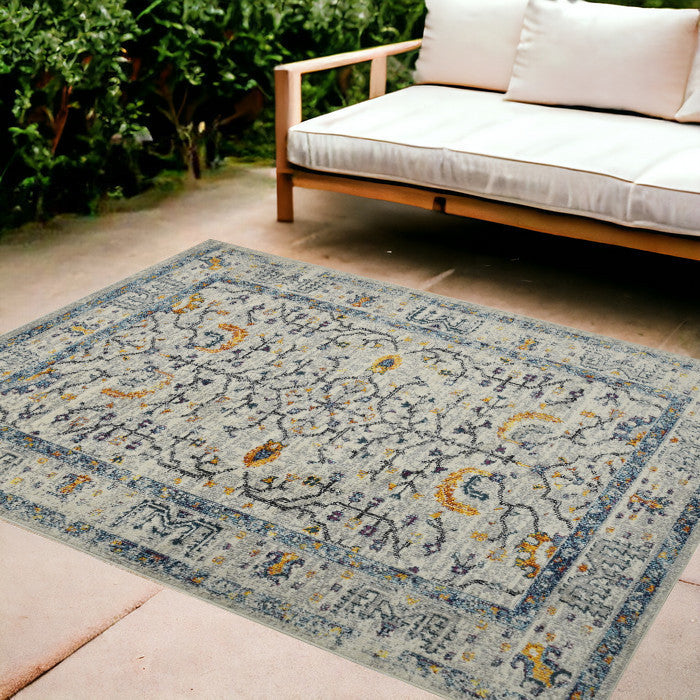 8' Runner Yellow and Ivory Oriental Stain Resistant Indoor Outdoor Runner Rug