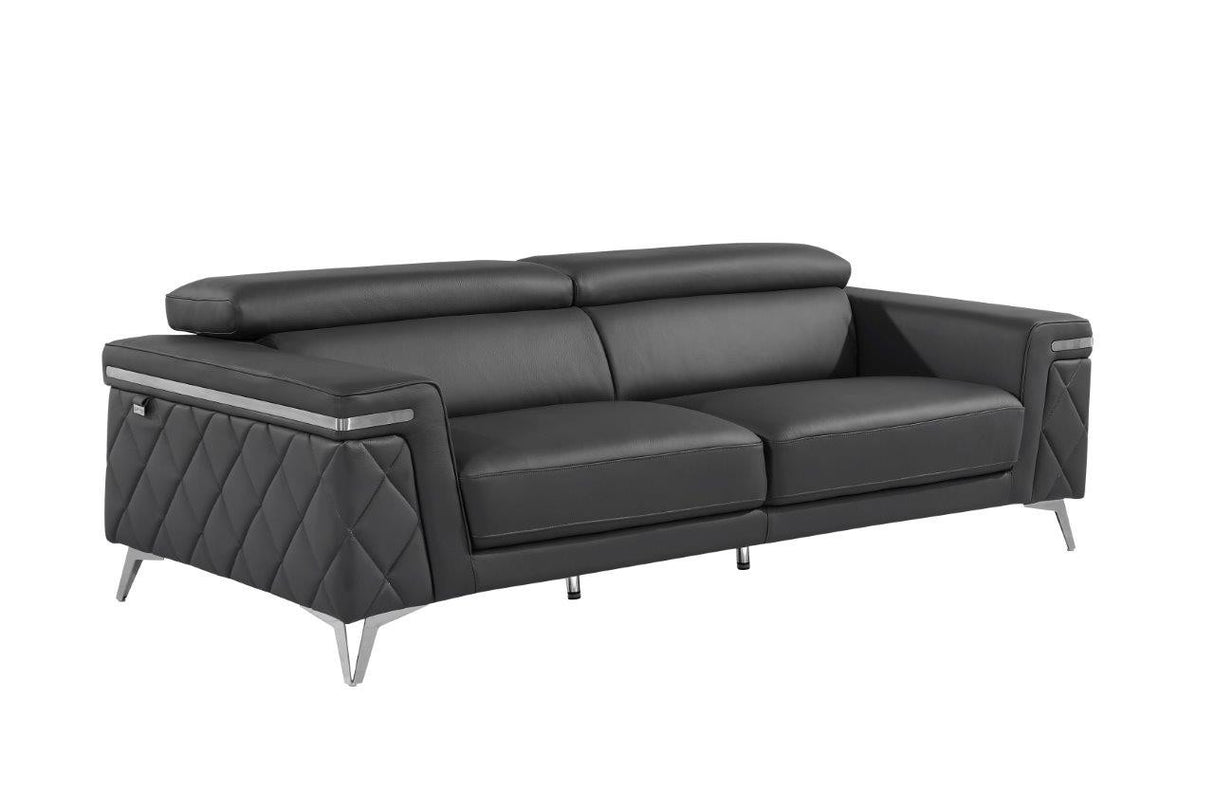 89" Dark Gray Italian Leather Sofa With Silver Legs