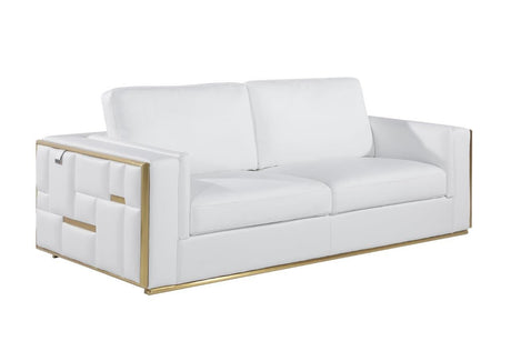 89" White Italian Leather Sofa With Brass Legs