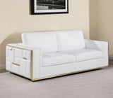 89" White Italian Leather Sofa With Brass Legs