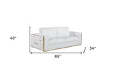 89" White Italian Leather Sofa With Brass Legs