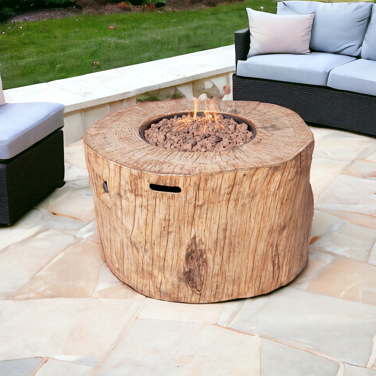 37" Brown Faux Wood Stump Propane Round Fire pit With Cover
