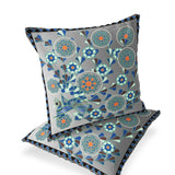 Set of Two 16" X 16" Gray and Orange Peacock Blown Seam Floral Indoor Outdoor Throw Pillow