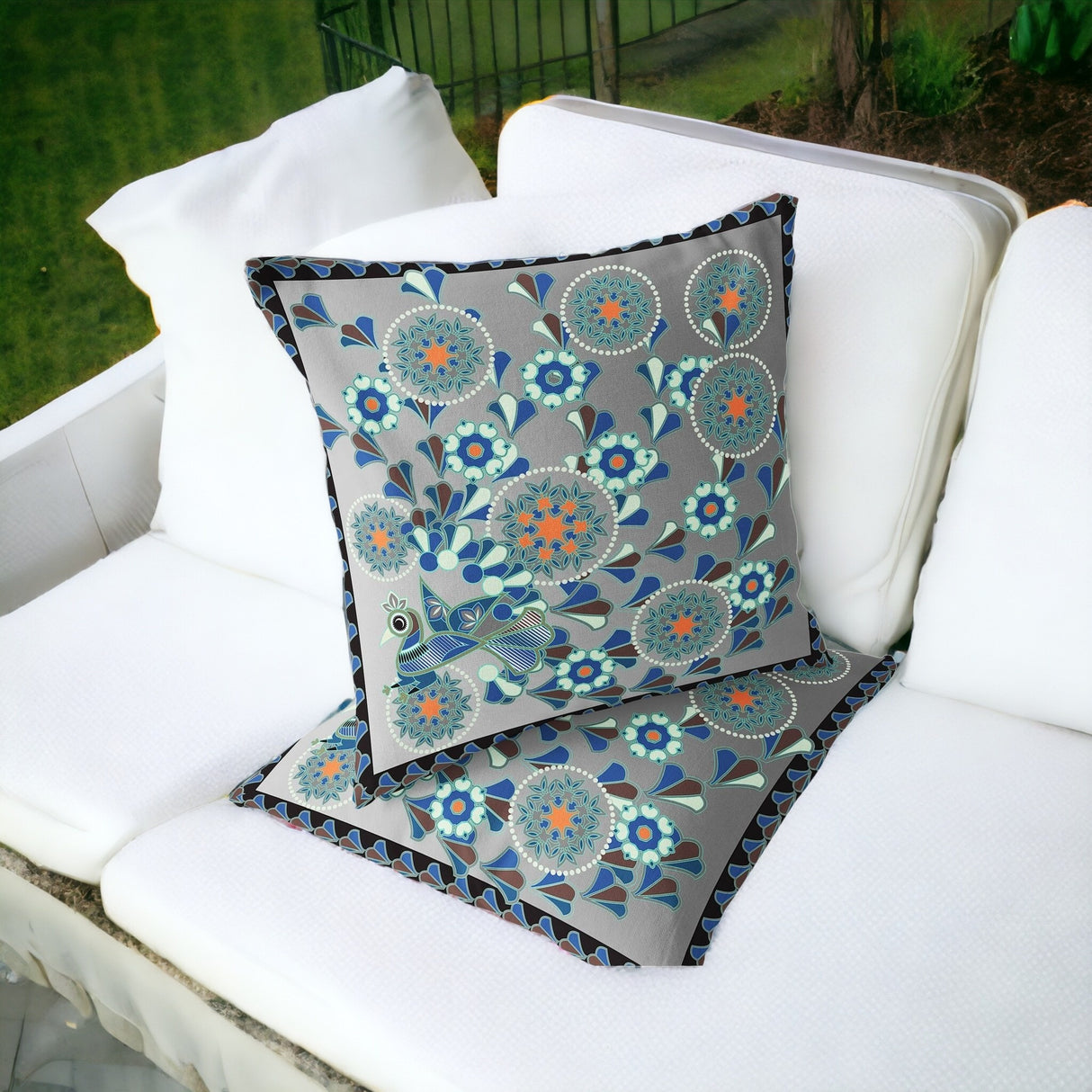 Set of Two 16" X 16" Gray and Orange Peacock Blown Seam Floral Indoor Outdoor Throw Pillow