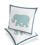 Set of Two 16" X 16" Blue and White Elephant Blown Seam Animal Print Indoor Outdoor Throw Pillow