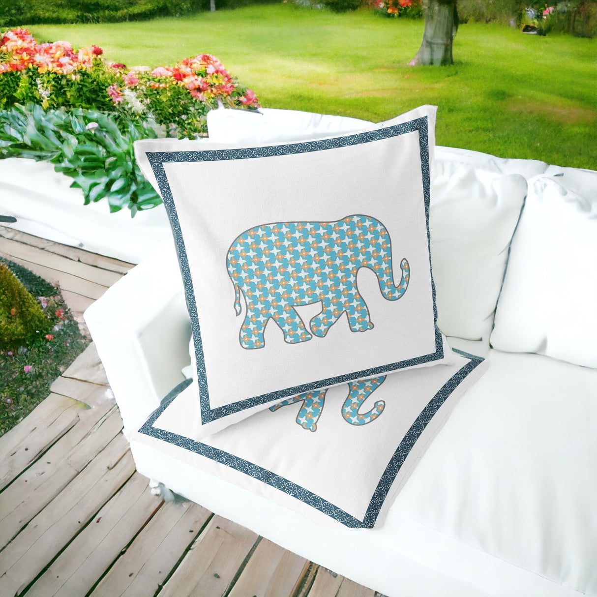 Set of Two 16" X 16" Blue and White Elephant Blown Seam Animal Print Indoor Outdoor Throw Pillow