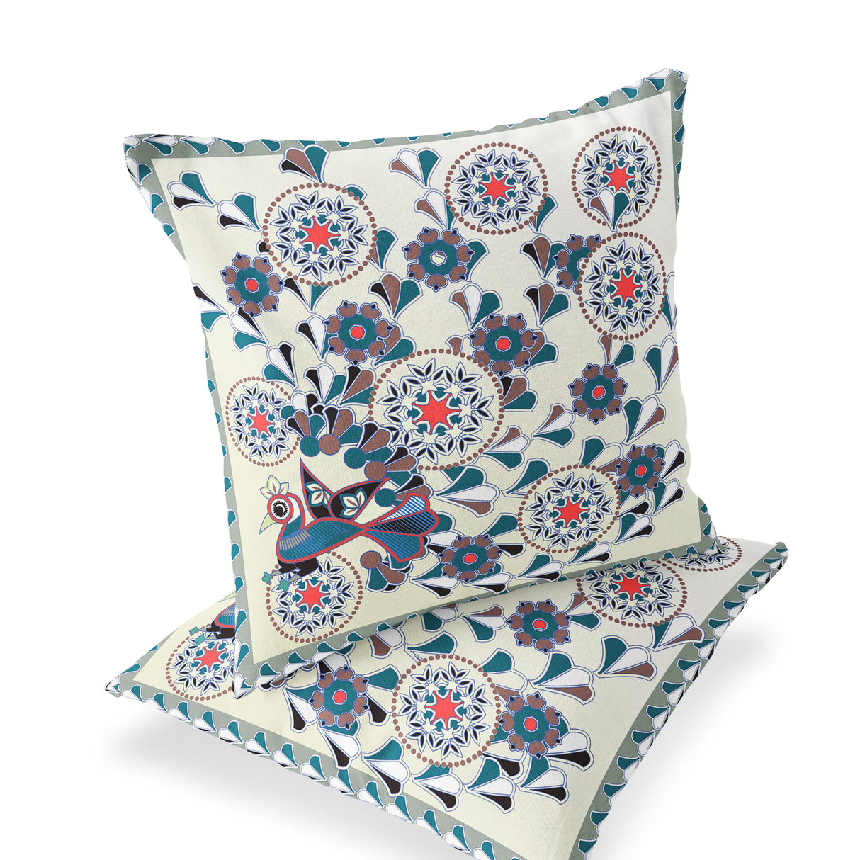 Set of Two 16" X 16" Black and Off White Peacock Blown Seam Floral Indoor Outdoor Throw Pillow