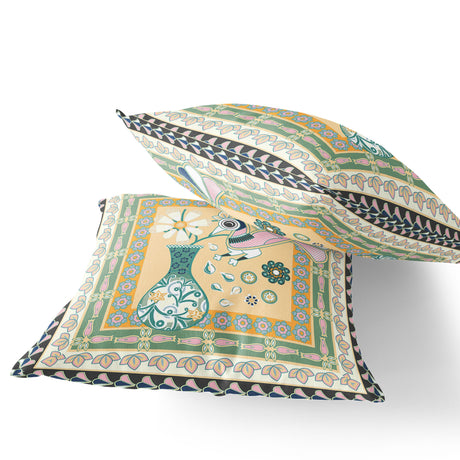 Set of Two 16" X 16" Beige and Green Peacock Blown Seam Floral Indoor Outdoor Throw Pillow