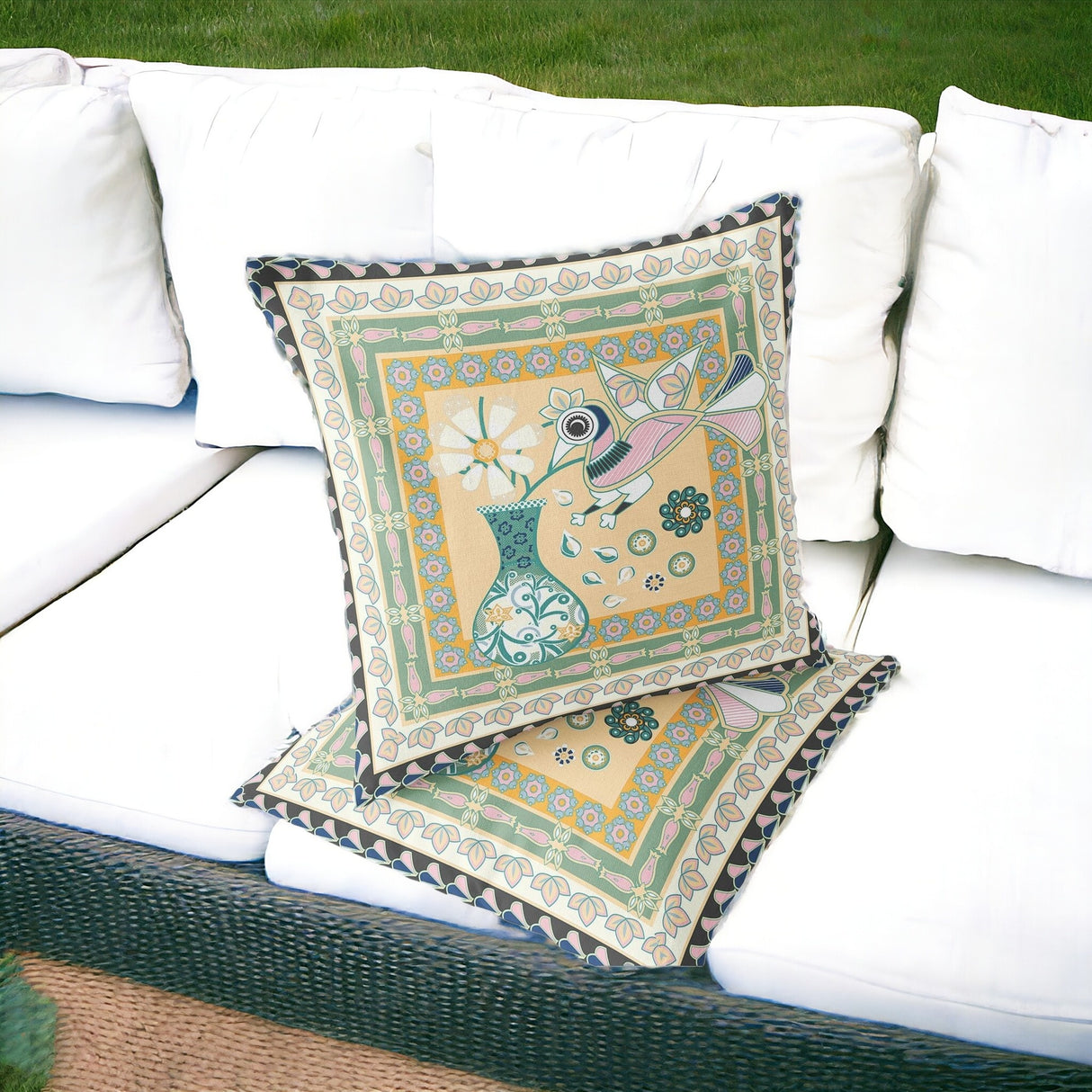 Set of Two 16" X 16" Beige and Green Peacock Blown Seam Floral Indoor Outdoor Throw Pillow