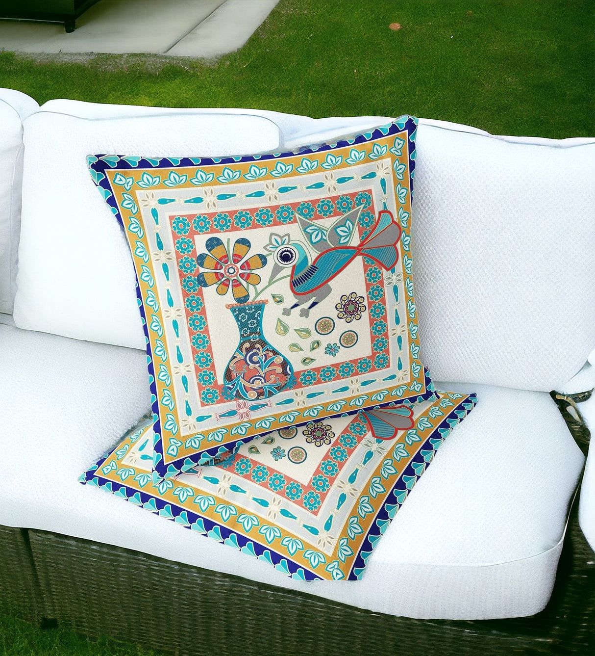 Set of Two 16" X 16" Blue and Gold Peacock Blown Seam Floral Indoor Outdoor Throw Pillow