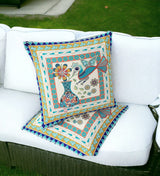 Set of Two 16" X 16" Blue and Gold Peacock Blown Seam Floral Indoor Outdoor Throw Pillow